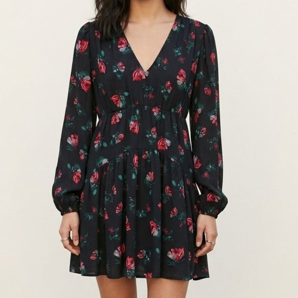 A New Day Black Floral Mini Dress M Tiered Long Sleeve Cottagecore Whimsigoth